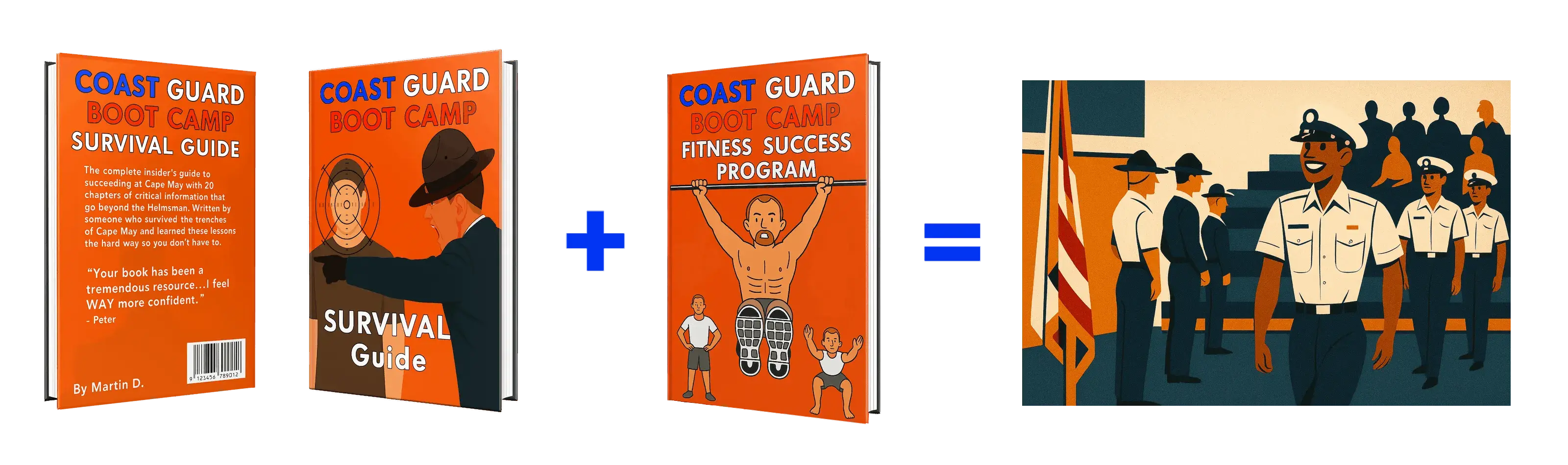 Coast Guard Boot Camp Survival Guide Front and Back Cover with Coast Guard Boot Camp Fitness Success Program Front Cover, and a cartoon rendition of Coast Guard Boot Camp graduation